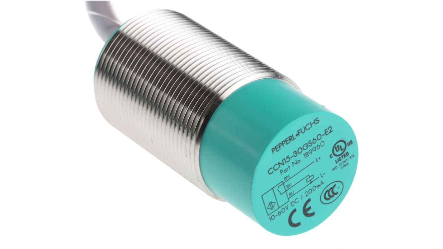 Pepperl + Fuchs Capacitive Barrel-Style Proximity Sensor, M30 x 1.5, 15 mm Detection, PNP Output, 10 → 60 V dc,