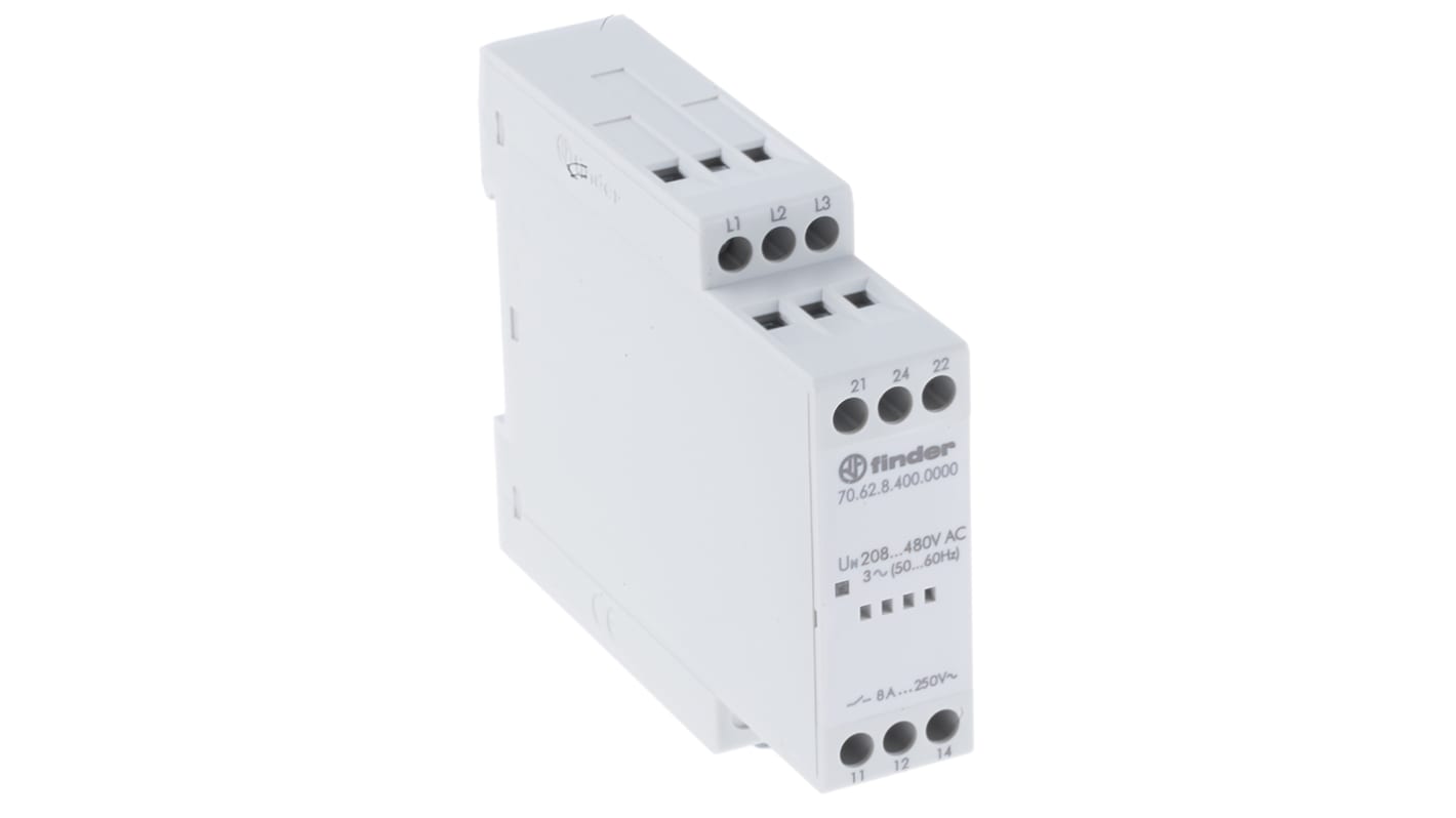  Finder DIN Rail Voltage Monitoring Relay, 5 mA, 208 → 480V ac, 50 →